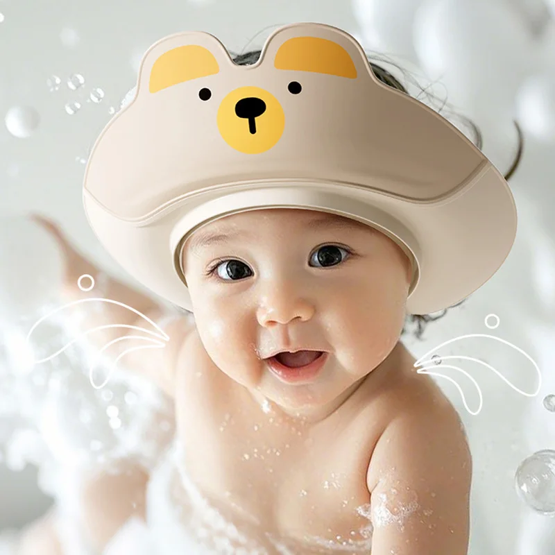 Kids Shampoo Cap Double-Layer Ear Eye Protection Shower Caps Cartoon Bear Adjustable Waterproof Washing Hair Washing Tool