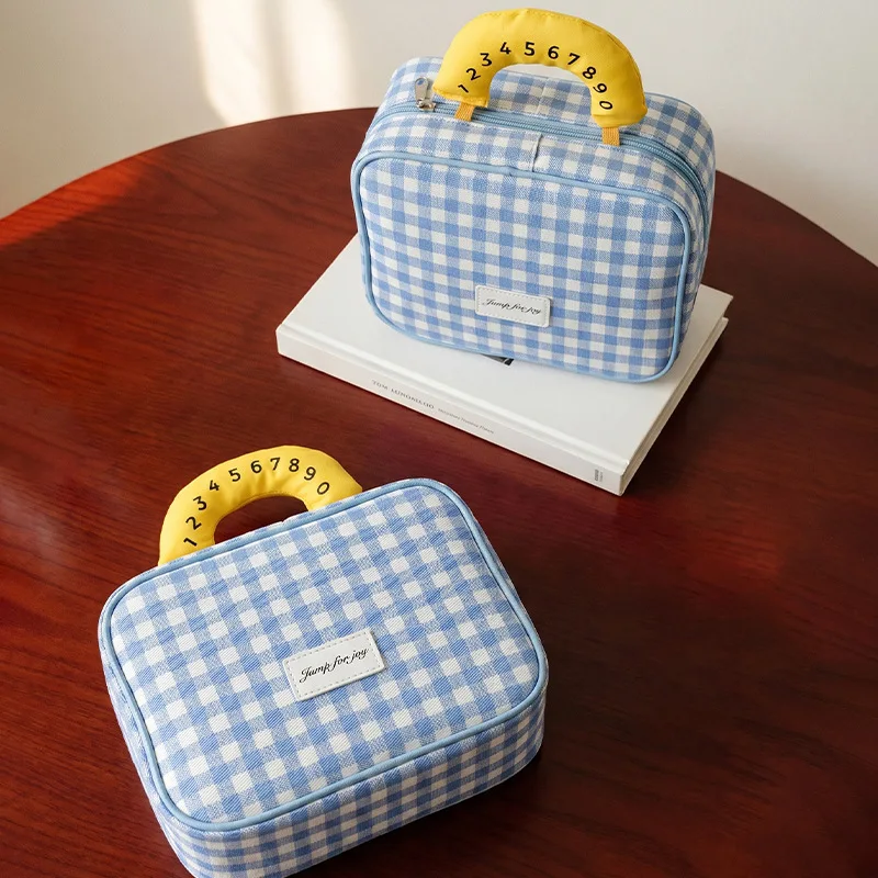 fresh-contrasting-color-plaid-high-value-cosmetic-bag-going-out-portable-multi-functional-partition-large-capacity-storage-bag