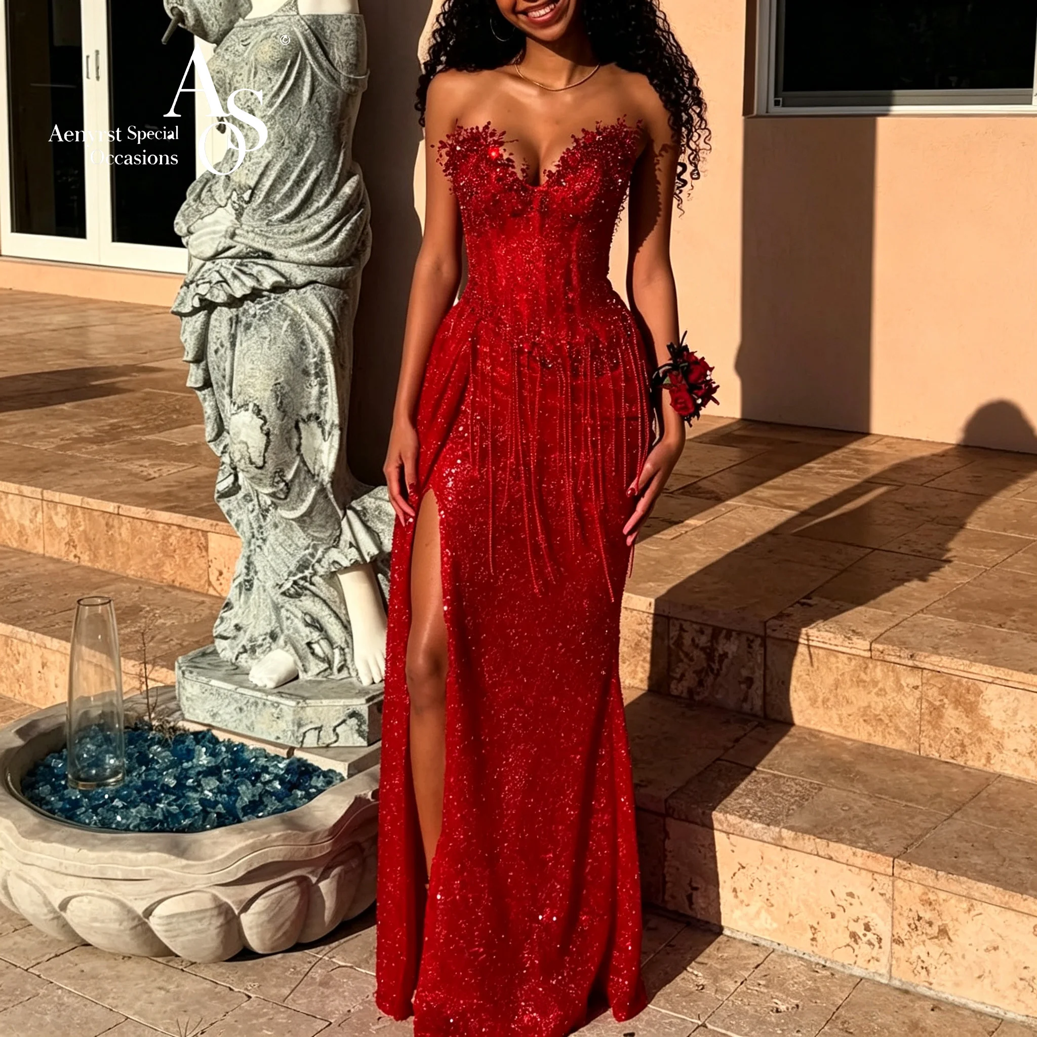 Gorgeous Red Strapless Sequined And Rhinestone Mermaid Long Dress High Slit With Tassels Evening Gown
