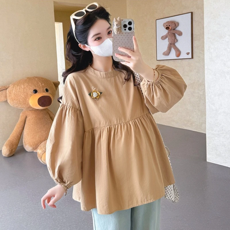 Maternity Blouse Spring Autumn Flower Round Neck Puff Long Sleeve Tops For Pregnant Women 2026 Loose Comfortable