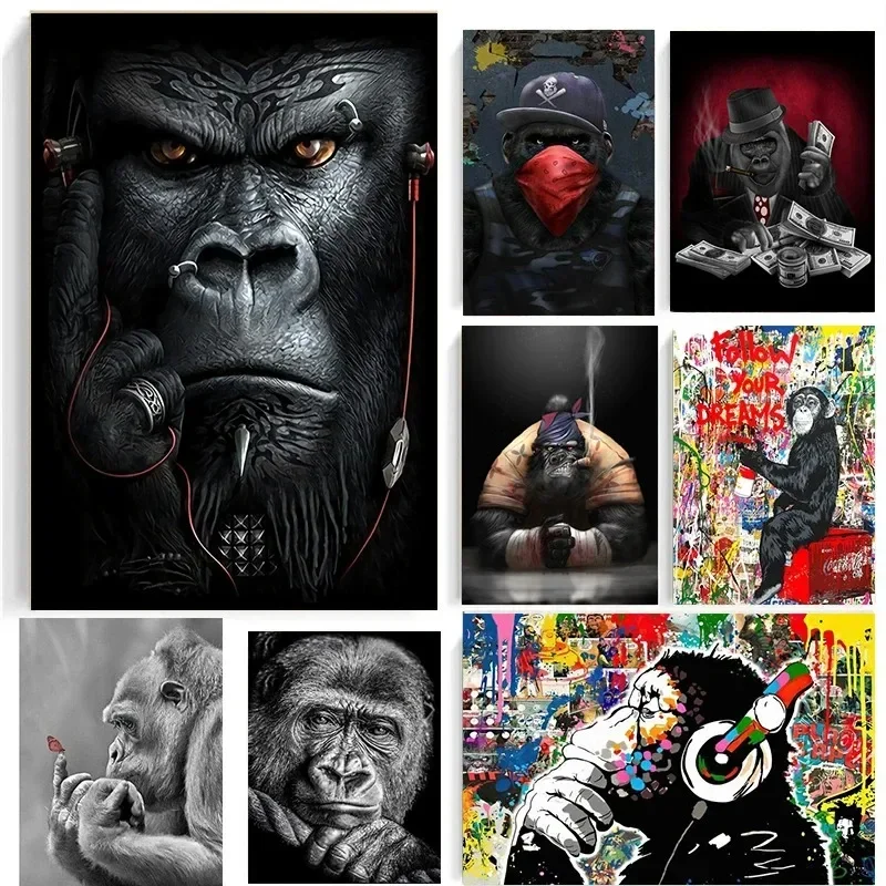 Punk Orangutan Monkey Chimp Headphones Art Canvas Print Painting Gorilla Animal Modern Picture Home Decoration Poster Wall Ar