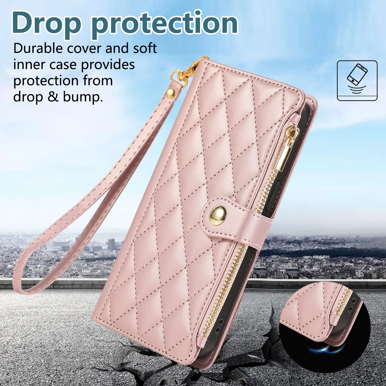 Skórzane etui z zamkiem błyskawicznym na kartę Solt dla Xiaomi Redmi Note 14 Pro Plus 13 12 14C 13C 14T POCO X7 Pro Bag Diamond Cover — zdjęcie produktu 3
