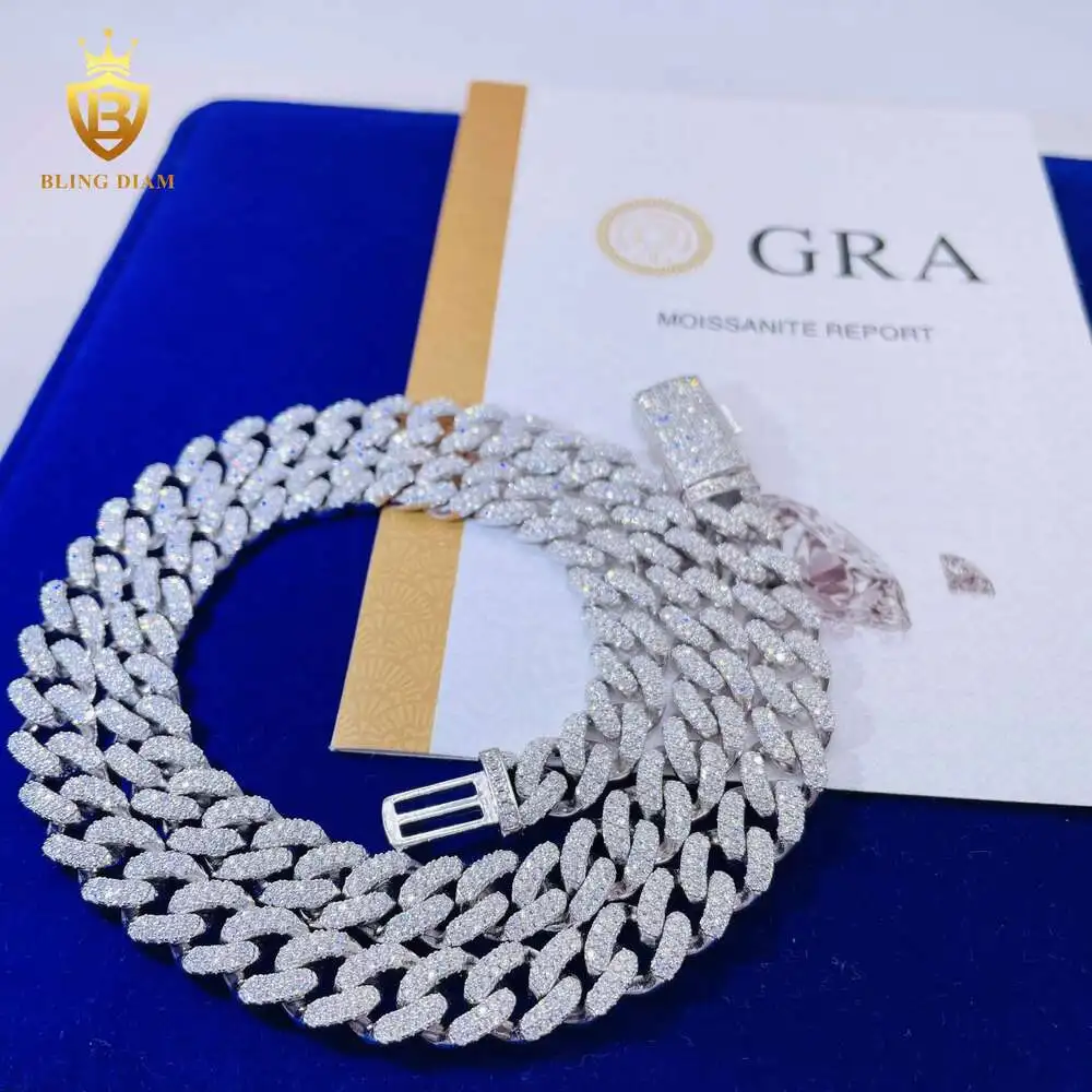 Luxury Blingdiam Jewelry Pass Diamond Tester Fashion Men Women 925 Sterling Silver 2rows Vvs Moissanite Cuban Link Chain.