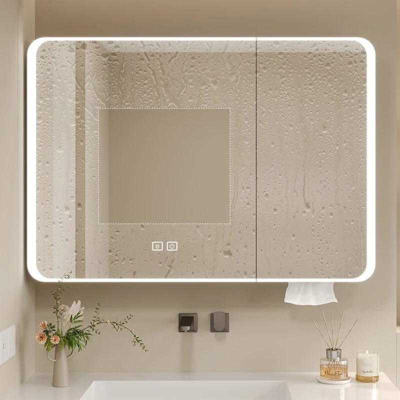 LED Bathroom Mirror Cabinet Aluminum Rounded Smart Storage Makeup Shelf Tissue Slot Touch Sensor Anti Fog Bathroom Mirror view 3