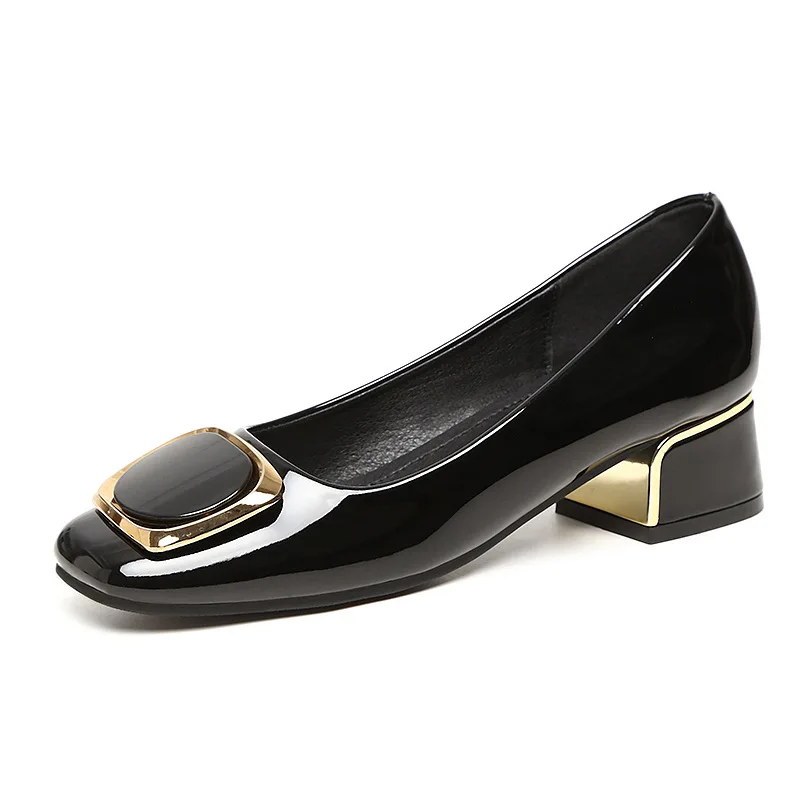New Women Leather Pumps Fashion Round Metal High Heel Shoes Girl Dress Shoes