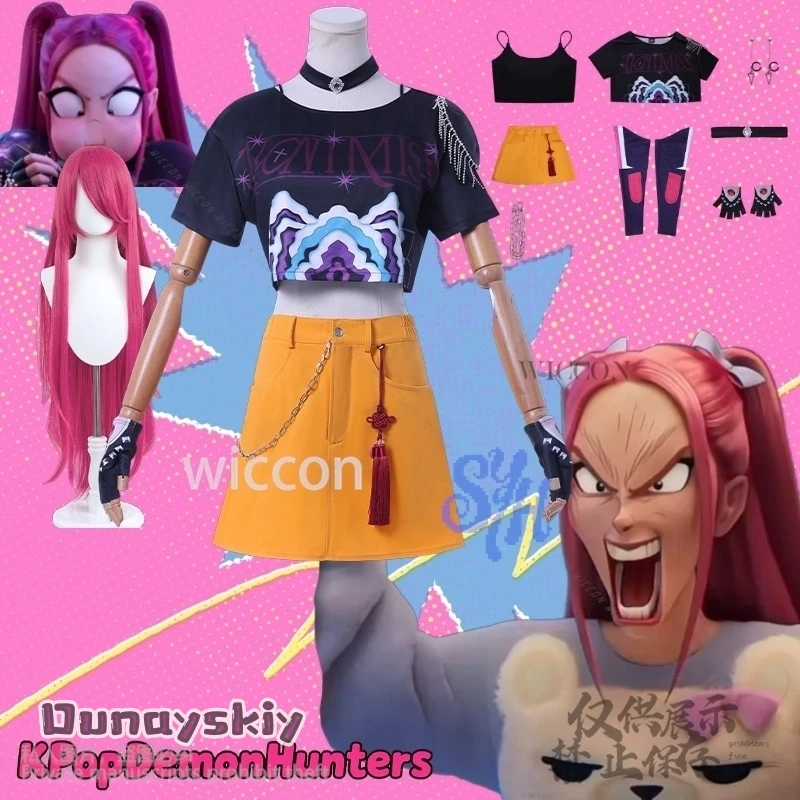 

Anime Movie Demon Mira Kpop Idol Stage Huntrix Cosplay Girls Power Groups Costume Cos Mini Dress Jirai Kei Uniform Wig Halloween