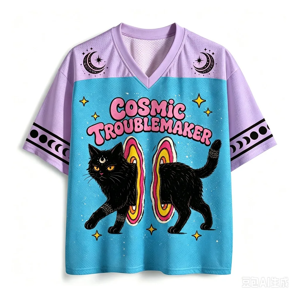 Kosmisches Schwarzes Katzen-Sternmuster 3D-Druck Herren Damen Schnelltrocknendes Sport-T-Shirt mit V-Ausschnitt in Übergröße Outdoor Freizeit Y2K Familien-Shirt – Detail 4