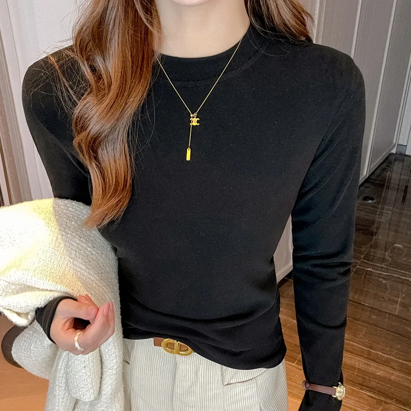 Slim Fit Long Sleeve Round Neck Base Shirt Women's New Style Polyester Fiber High Elasticity Micromill Coconut Velvet Fabric