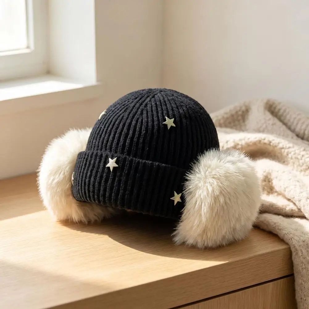 Elastic Fit Winter Hat Winter Warm Knitted Hat Knitted Winter Hat with Ear Protection Thick Plush Lined Soft Warm for Autumn