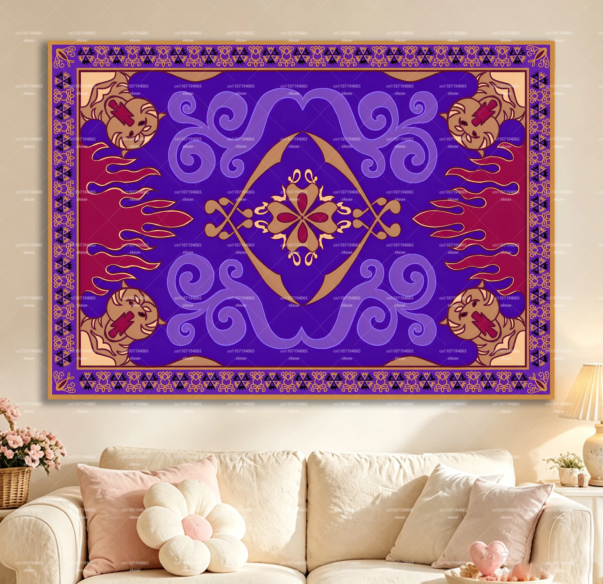 Magic Flying Carpet Tapestry, Aladdin Vintage Oriental Ethnic Pattern Wall Hanging, Purple Gold Ornate Floral Swirl Design Cloth
