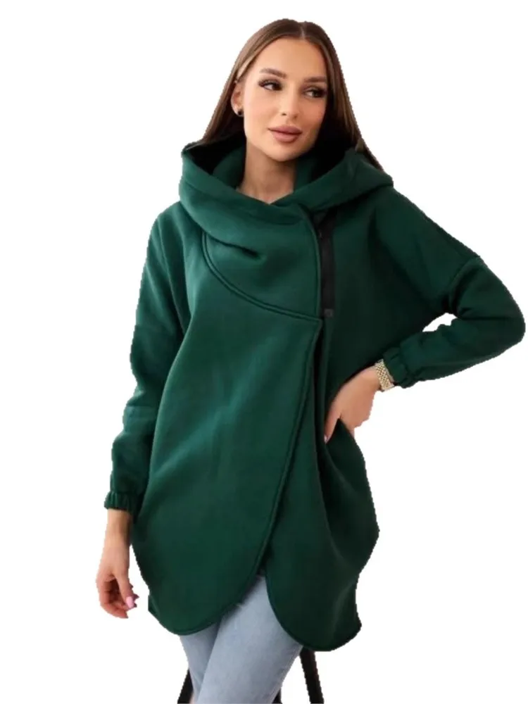 Fashion Hooded Sports Fleece Sweatshirt Casual Long-sleeved Zipper Jacket Women's Solid Color Jacket Autumn Loose Holiday Hoodie