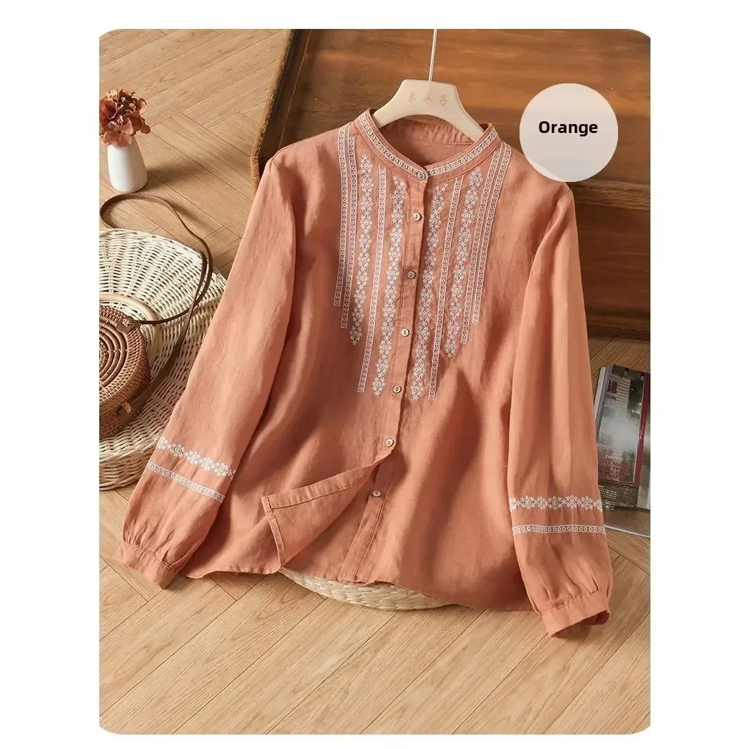 

Retro Artistic Embroidered Cotton Linen Stand Collar Loose Long Sleeve Women's Shirt Spring New Style Trendy Top 2024