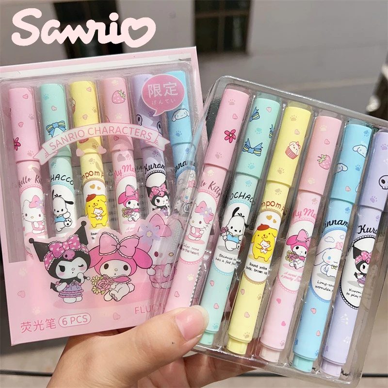Sanrio - Juego de 6 Rotuladores Fluorescentes Kawaii de Kuromi, My Melody, Cinnamoroll y Hello Kitty para la Escuela y la Oficina