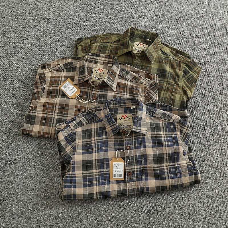 

Heavy chunky cotton plaid long sleeve shirt men's classic lapel pocket color matching plaid casual shirt jacket