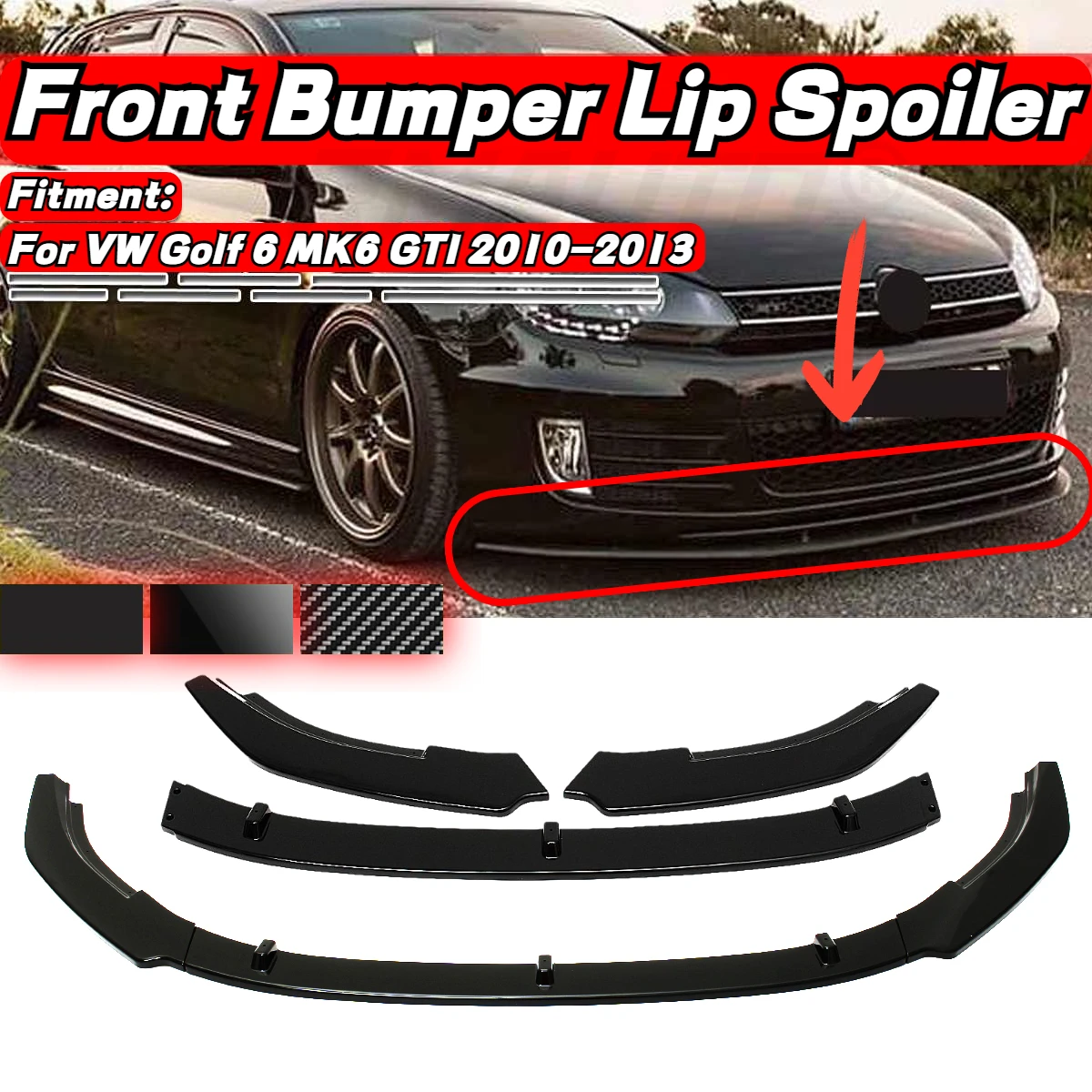 

RMAUTO 3Pcs Carbon Fiber Car Front Bumper Splitter Lip Diffuser Body Kit Chin Spoiler For Volkswagen VW Golf 6 MK6 GTI 2010-2013