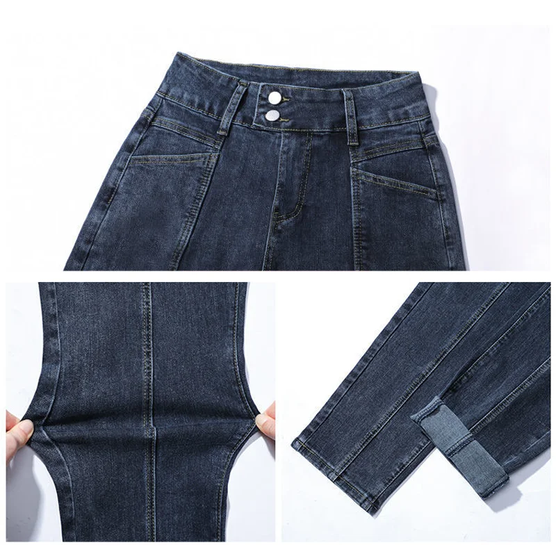 Jins Harem Berkancing Mode Korea Celana Pinggang Tinggi Wanita Celana Panjang Denim Kasual Biru Celana Panjang Siswa 92-96Cm Pergelangan Kaki Klasik Vaveros Mujer