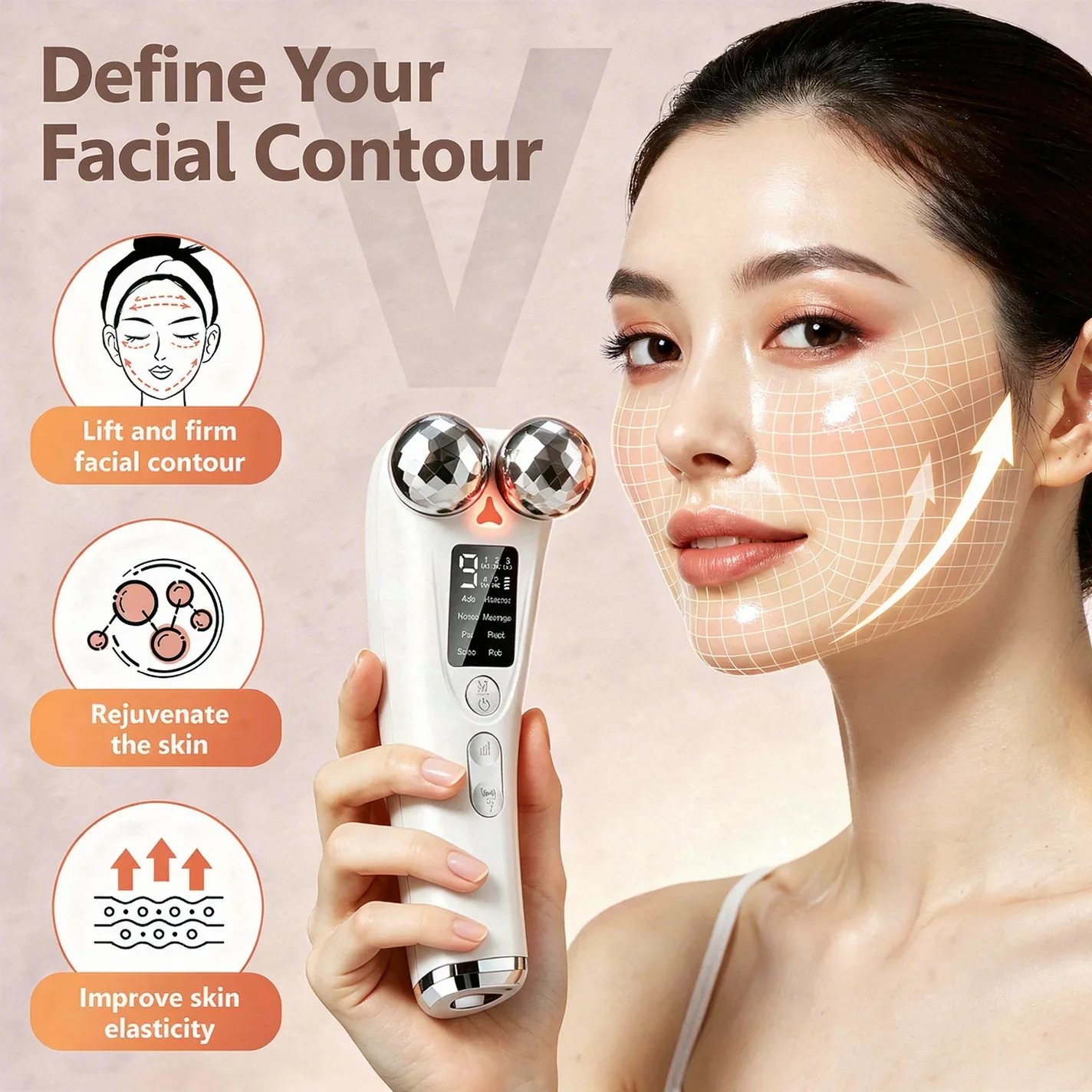 Masajeador Facial EMS de 8 Modos y 9 Intensidades con Luz LED 360 °   Herramienta de Lifting Facial con Bola Rodante, Dispositivo de Cuidado de la Piel Facial Recargable por USB