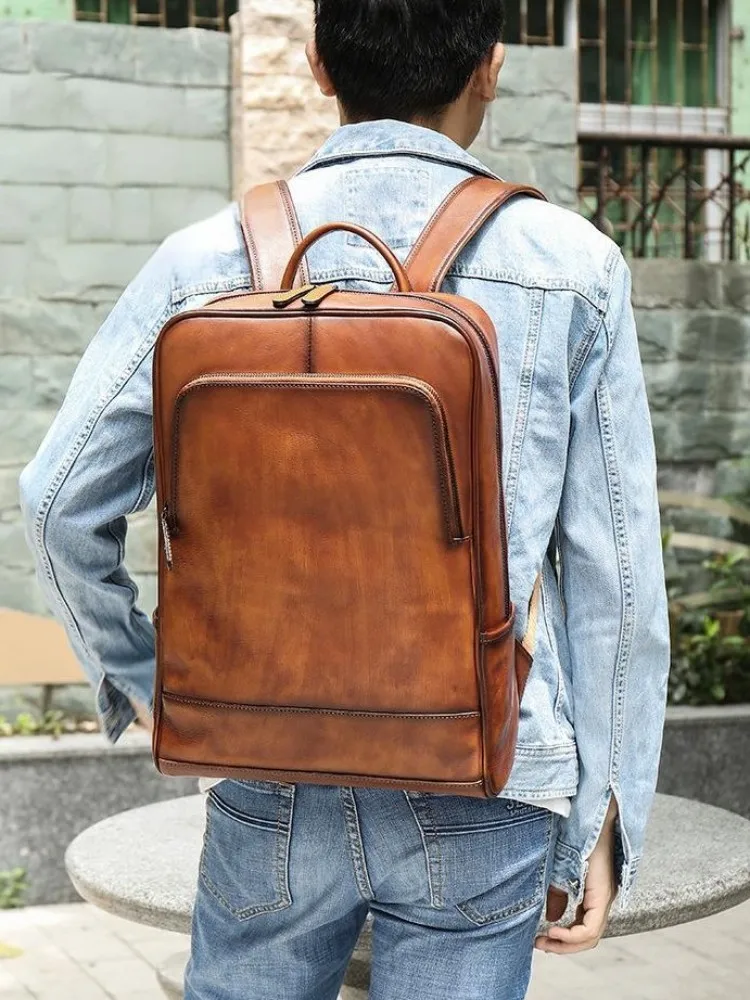 Vintage Mens Genuine Leather Backpack Designer Cowskin Business Casual Laptop Bag Zipper Solid Color Versatile Men Backpacks