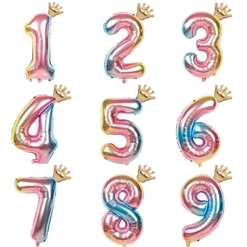 32 inch Rainbow Gradient Crown Digital Aluminum Film Balloon Baby's Birthday Party Decoration Balloon