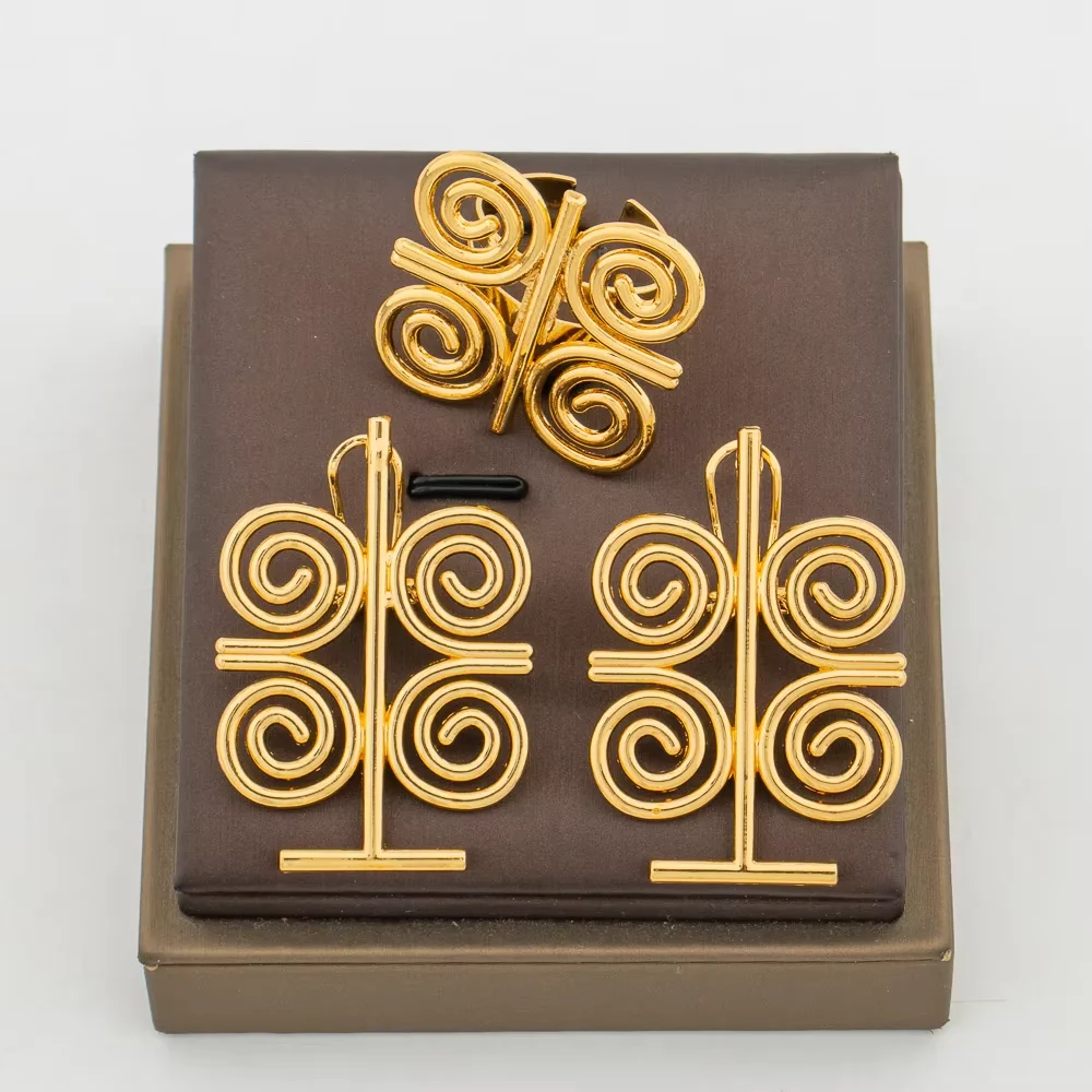 18K Gold Plated Tribal Spiral Swirl Geometric Statement Earrings & Ring Set For Women Luxury Wedding Bridal Party Gift