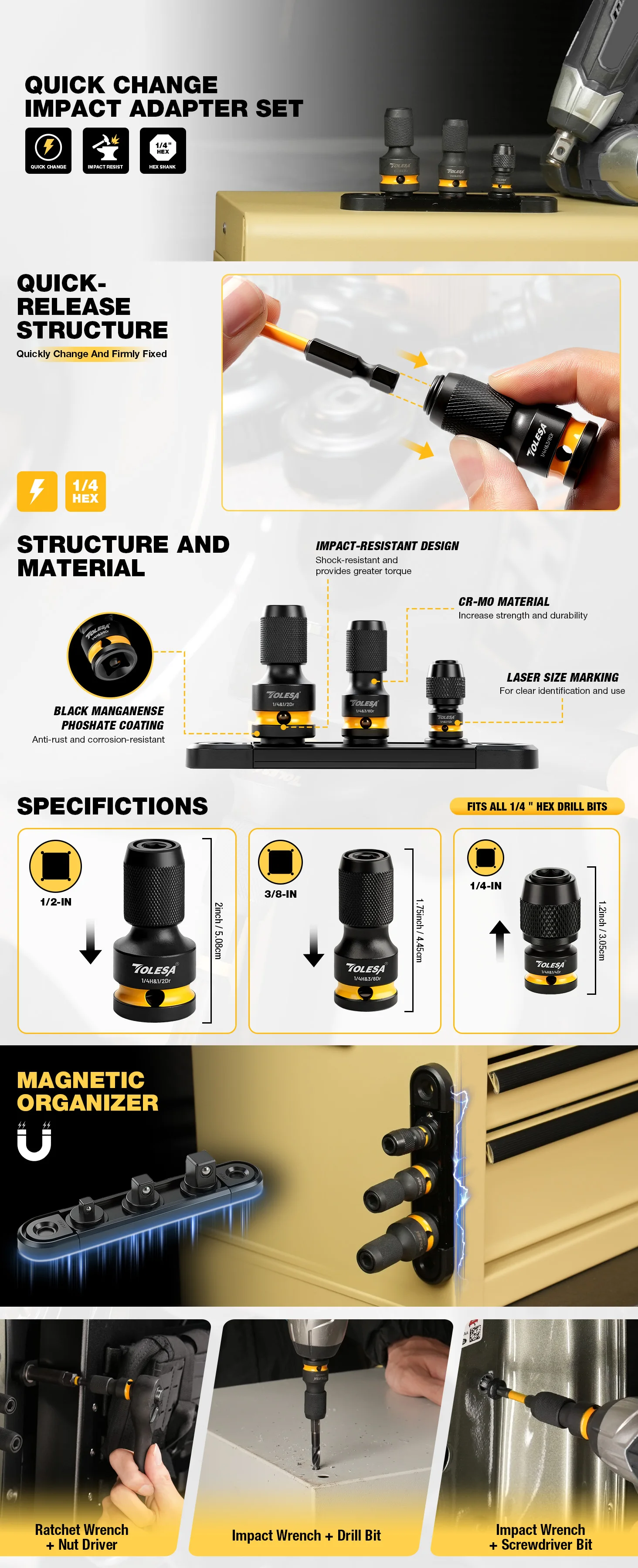 TOLESA 3-teiliger Schlagschraubenschlüssel-Adapter-Set – 1/4" 3/8" 1/2" Schlagschraubenschlüssel-Adapter-Set für die Reparatur von Autos und Fahrrädern, 1/4" Sechskant-Steckschlüssel-Adapter – Detail 1