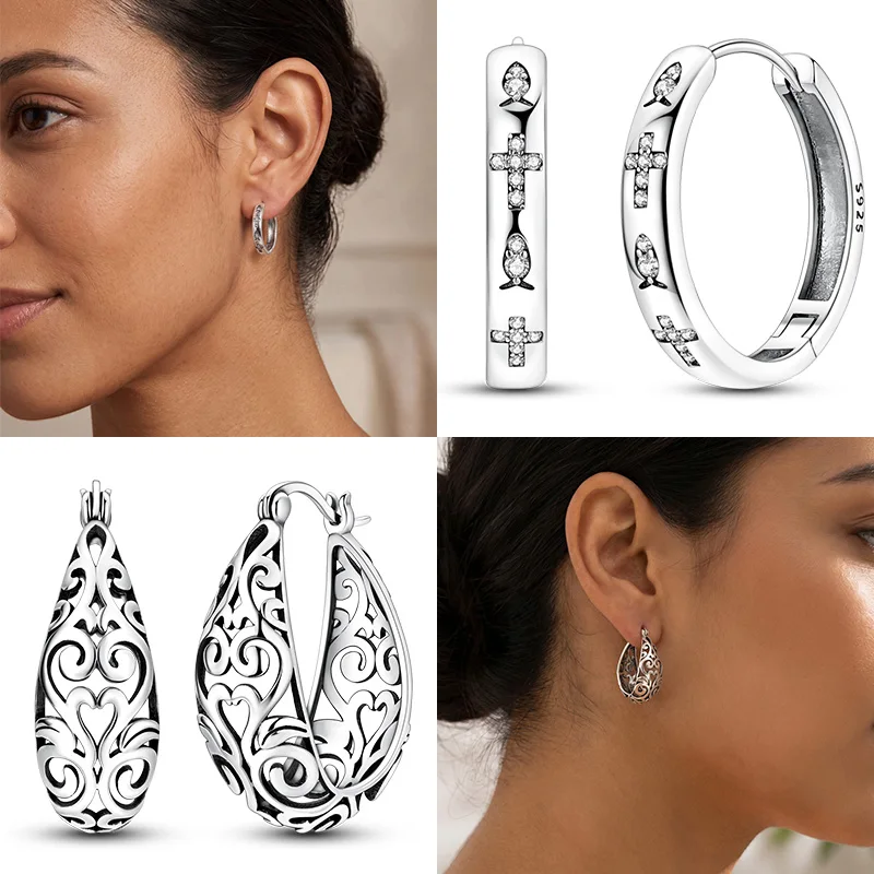 925 Sterling Silver Hoop Earrings Retro Vine Hollow Out Jesus Fish Pattern Cross Pendientes For Woman Fashion Jewelry