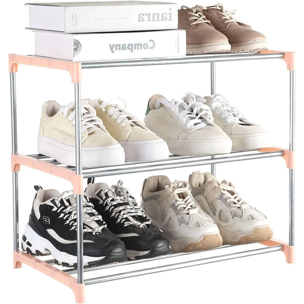 

Small Shoe Rack, Narrow Stackable Shoe Shelf Organizer for Entryway, Doorway and Bedroom Closet (3-Tier, Pink)