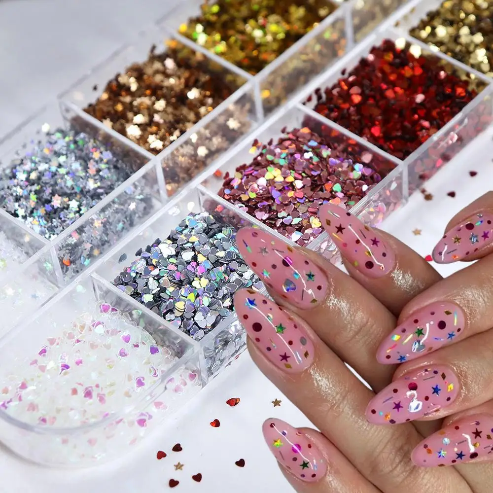 12Grids 3D Mini Heart/Star Nail Glitter Sequins 1mm Holographic Love Pentagram Flakes Sparkling Nail Art Decorations Paillettes