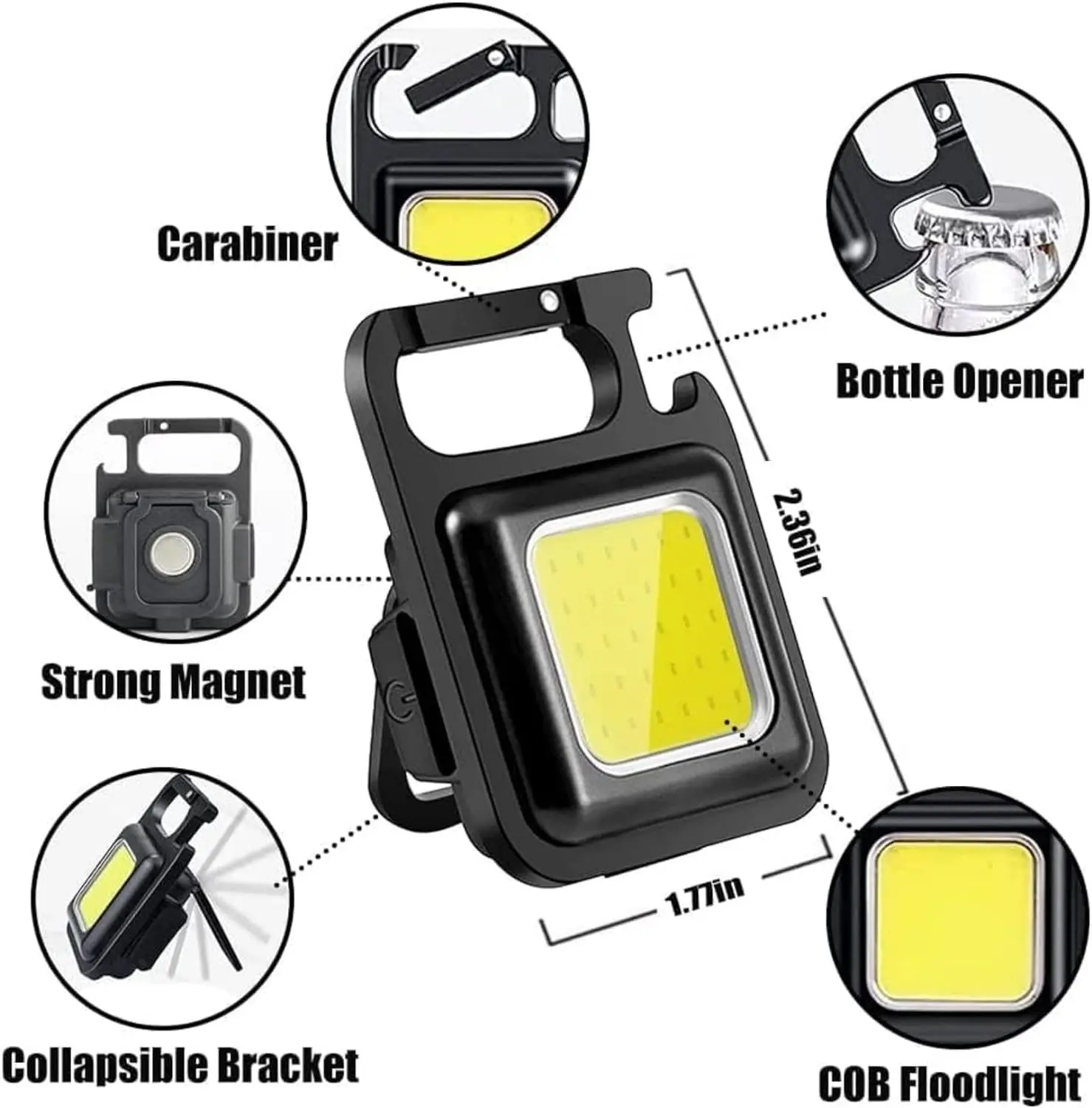 Keychain Work Light Keychain Lights, 1 Light Modes Rechargeable Keychain Flashlights with Folding Bracket Bottle Opener