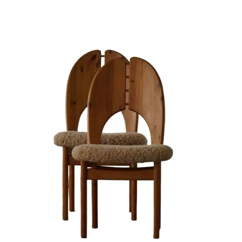 

Wabi Sabi Dining Chair Solid Wood Sheepskin Upholstered Mid-Century Design for Living Room
