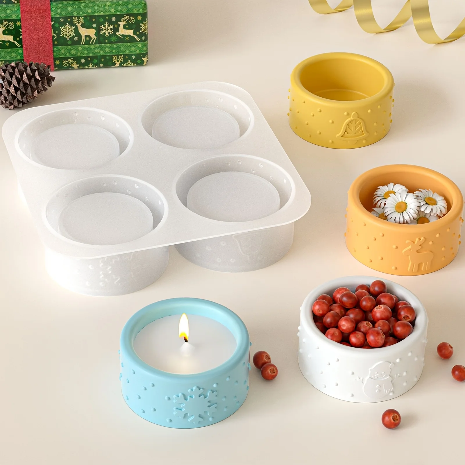 2pcs Set Four-Grid Christmas Embossed Candlestick Silicone Clay Mold - Snowman, Reindeer, Christmas Tree Design, Silicone Molds