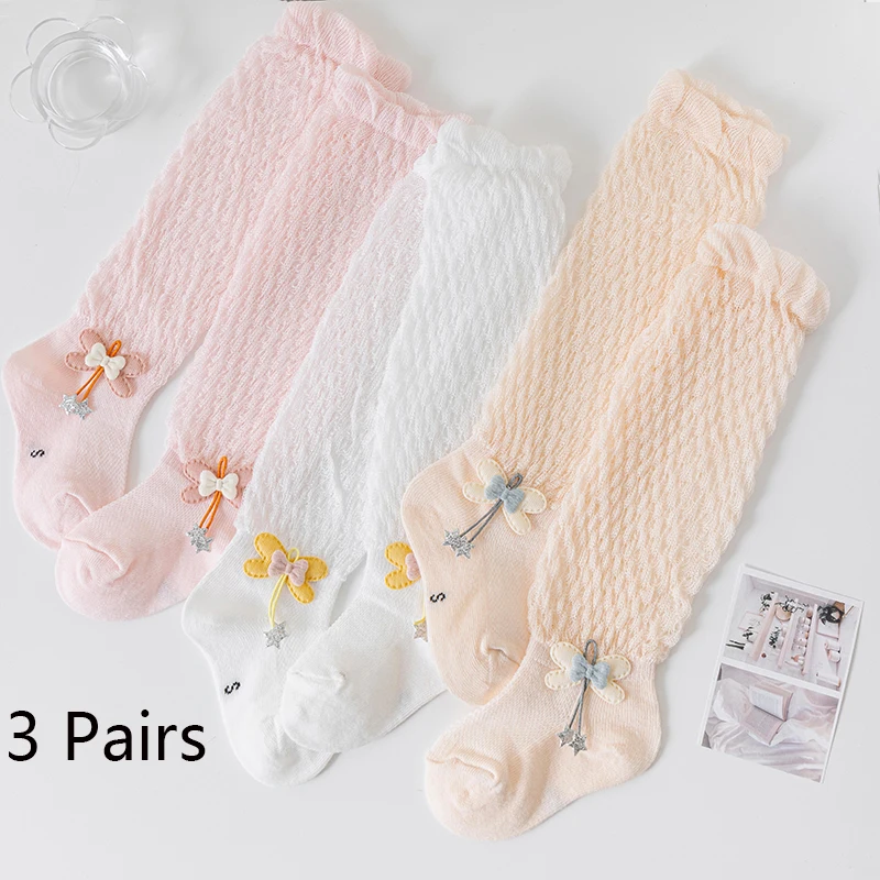 3 Pairs Baby Girls Spring Summer 2025 Autumn Children Kids Thin Stockings Toddler Clothing Stretch Bowknot Lace Socks 0-3 Years