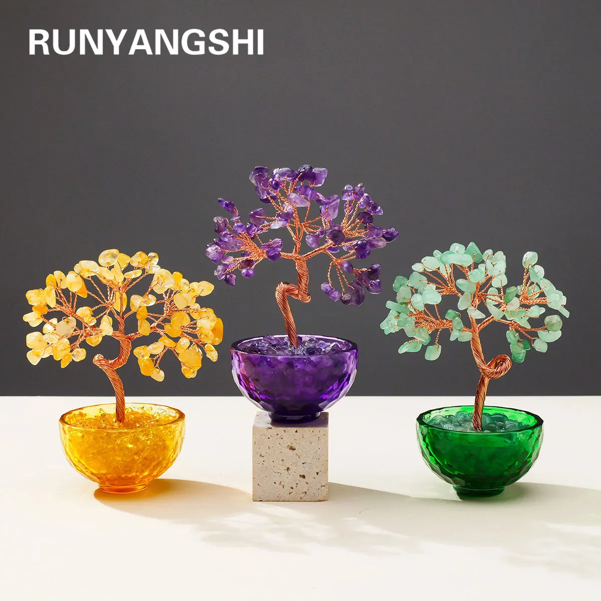 1 قطعة شجرة كريستال طبيعية حجر الطاقة وشجرة المال الكريستال الأسلاك النحاسية ملفوفة أواني الزهور الملونة أشجار اليوغا فنغ شوي