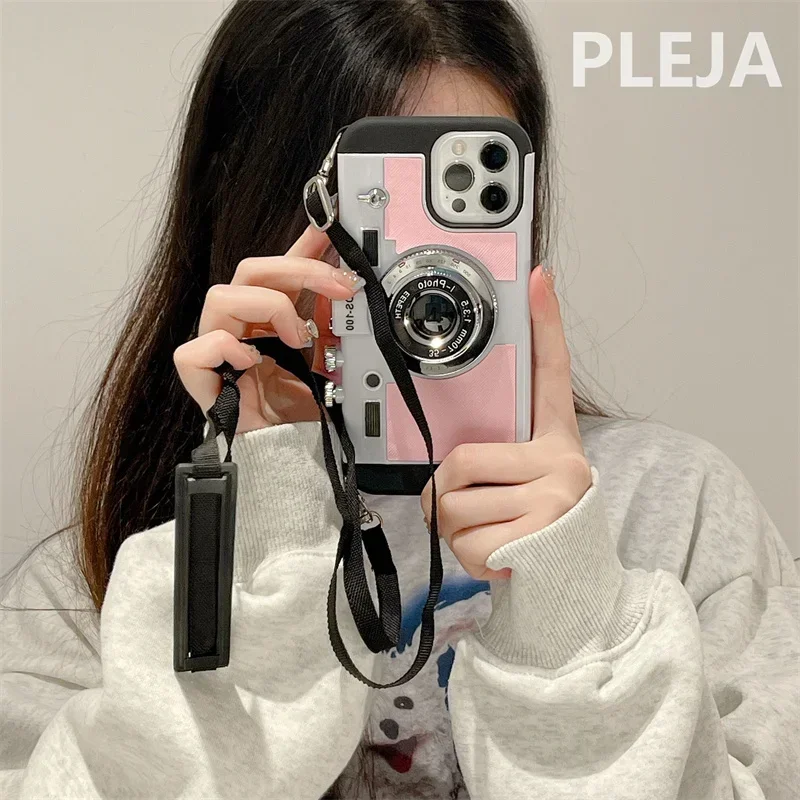 Capa para telefone de câmera 3D com alça transversal, capas protetoras macias, capa fashion para iPhone 15 Pro, 14 Plus, 11, 13, 12 Pro Max, X Max,