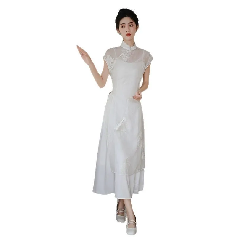 

Niche design white long dress new Chinese style improved cheongsam high-end temperament fairy dress two-piece set