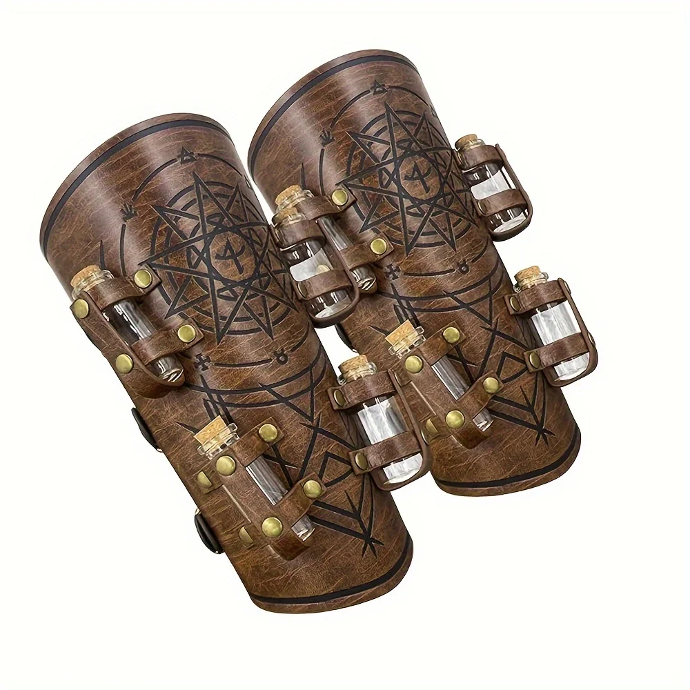Medieval Embossed Alchemy Bracers, Equipped with 8 Cork Bottles, Fantasy Faux Leather Buckle Arm Guards, Magical Archer Gloves