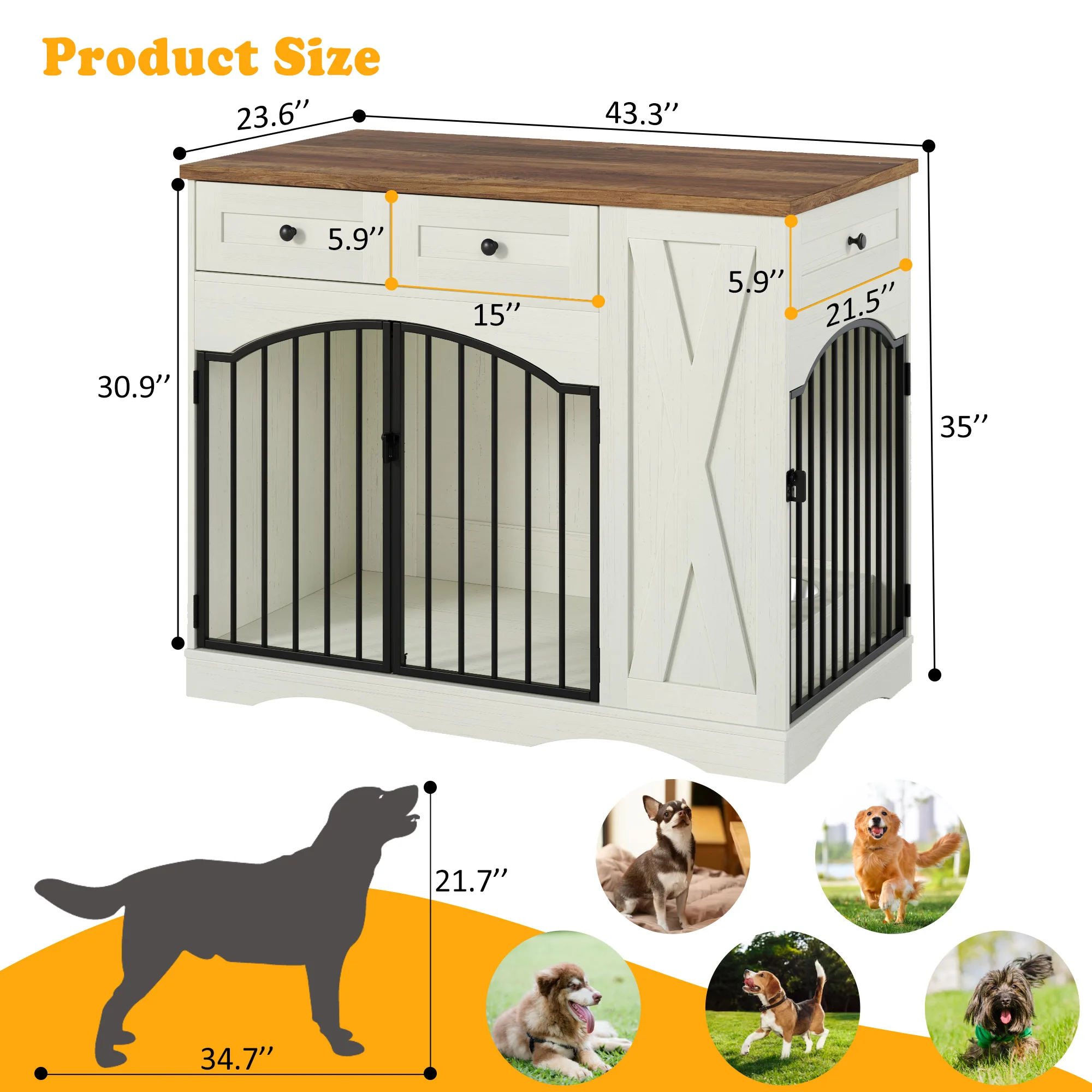 Indoor dog house with drawers and bowls, stylish pet cage for home decoration and pet living