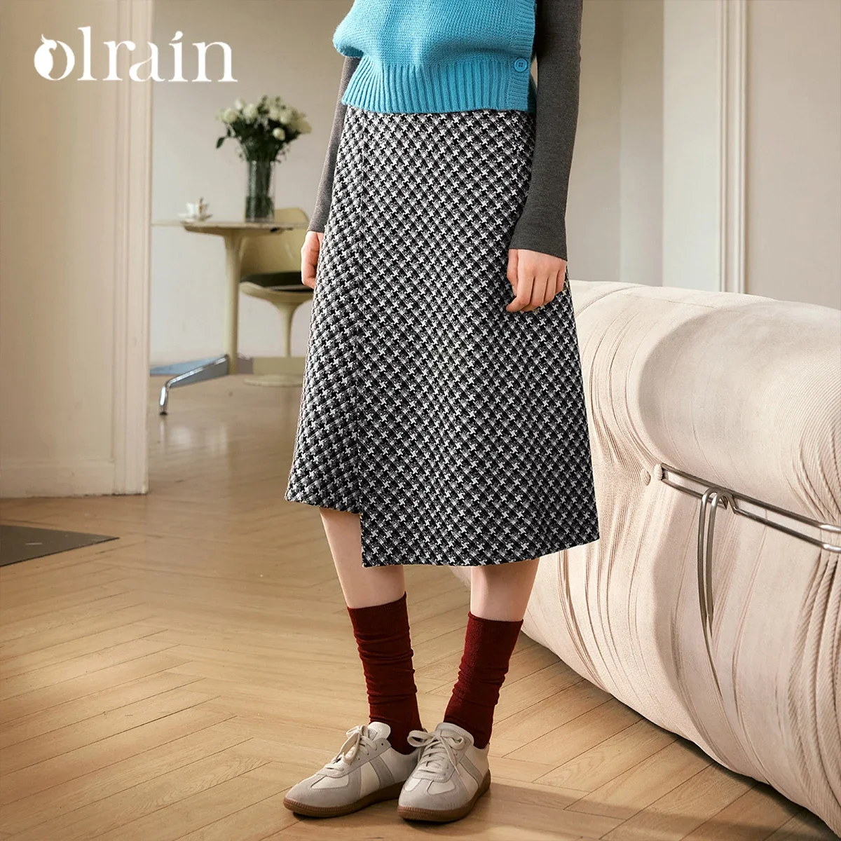 OLrain Plaid Pencil Skirts for Women 2026 Spring French Style A-Line Irregular High-waist Elegant Mid-length Skirt N56QB95001