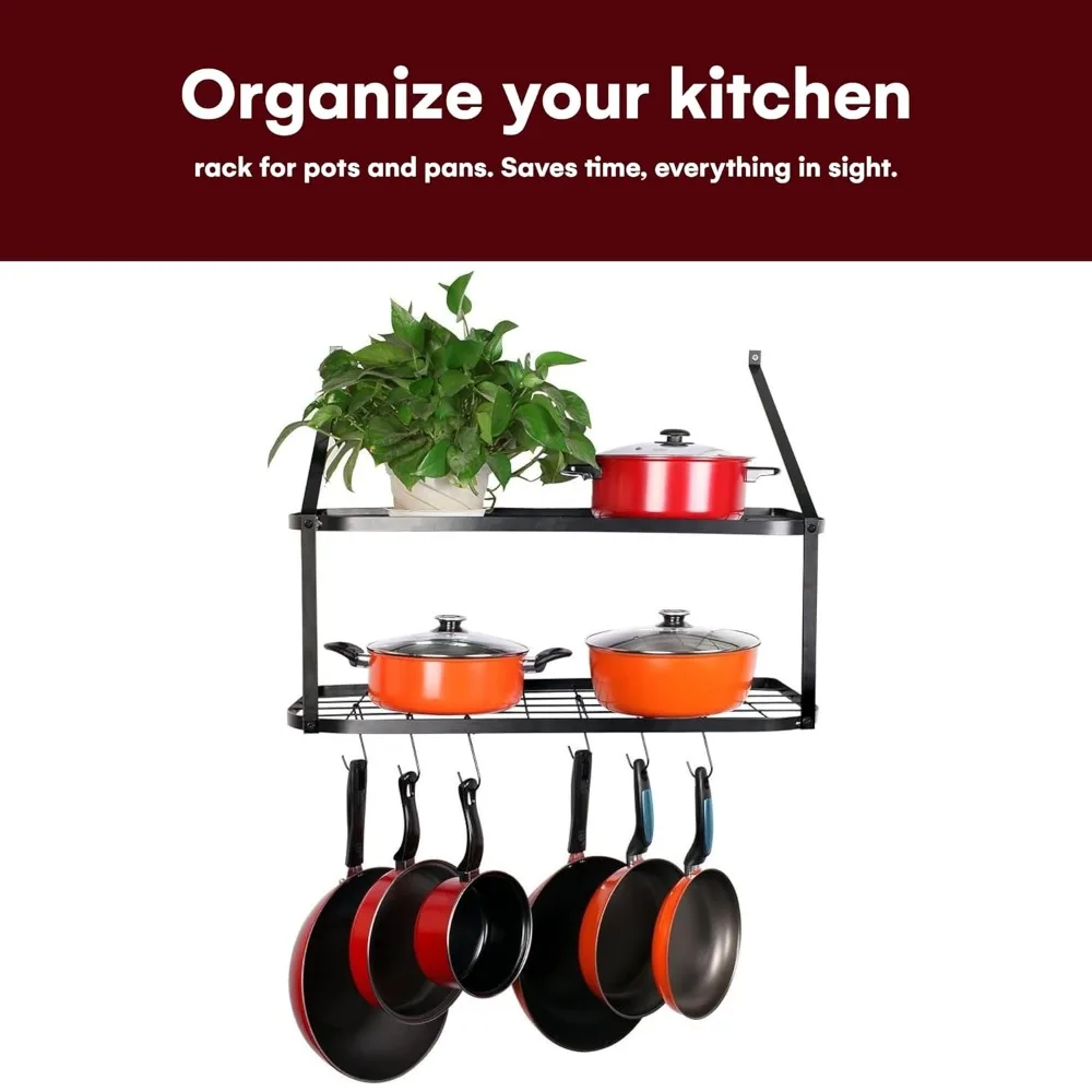 Hanging Pot Rack - Rustproof Wall Mounted Pot Rack Pan Hanger for Kitchen Storage & Organization Easy Setup 2Tier Pot Shelf Wall