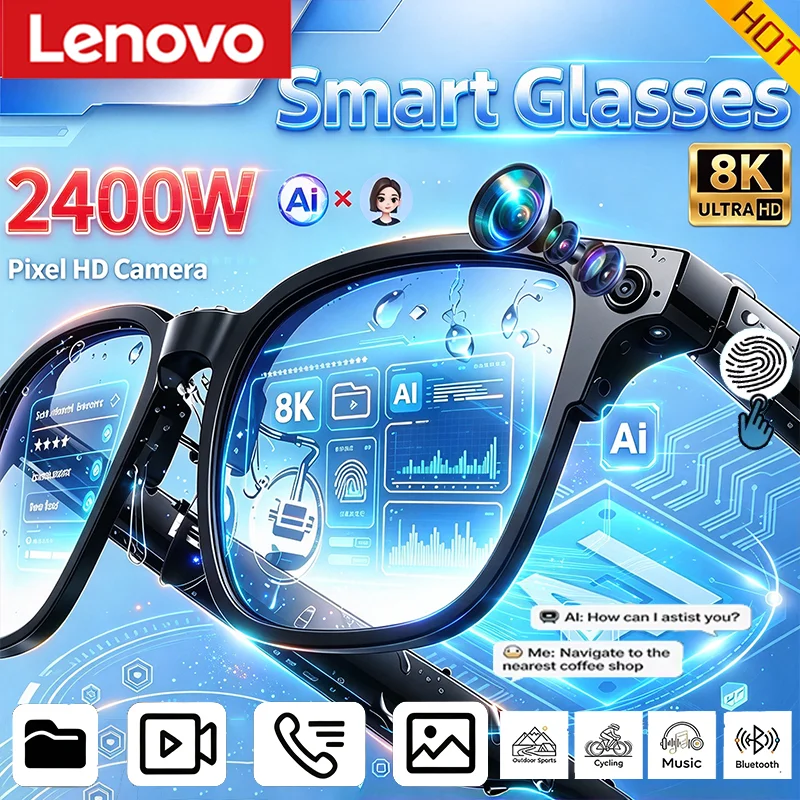 Lenovo AI Record Smart Glasses Bluetooth Glasses AI Language Translation Hand-freeCall Voice Assistant 2400W HD Camera Sunglasse