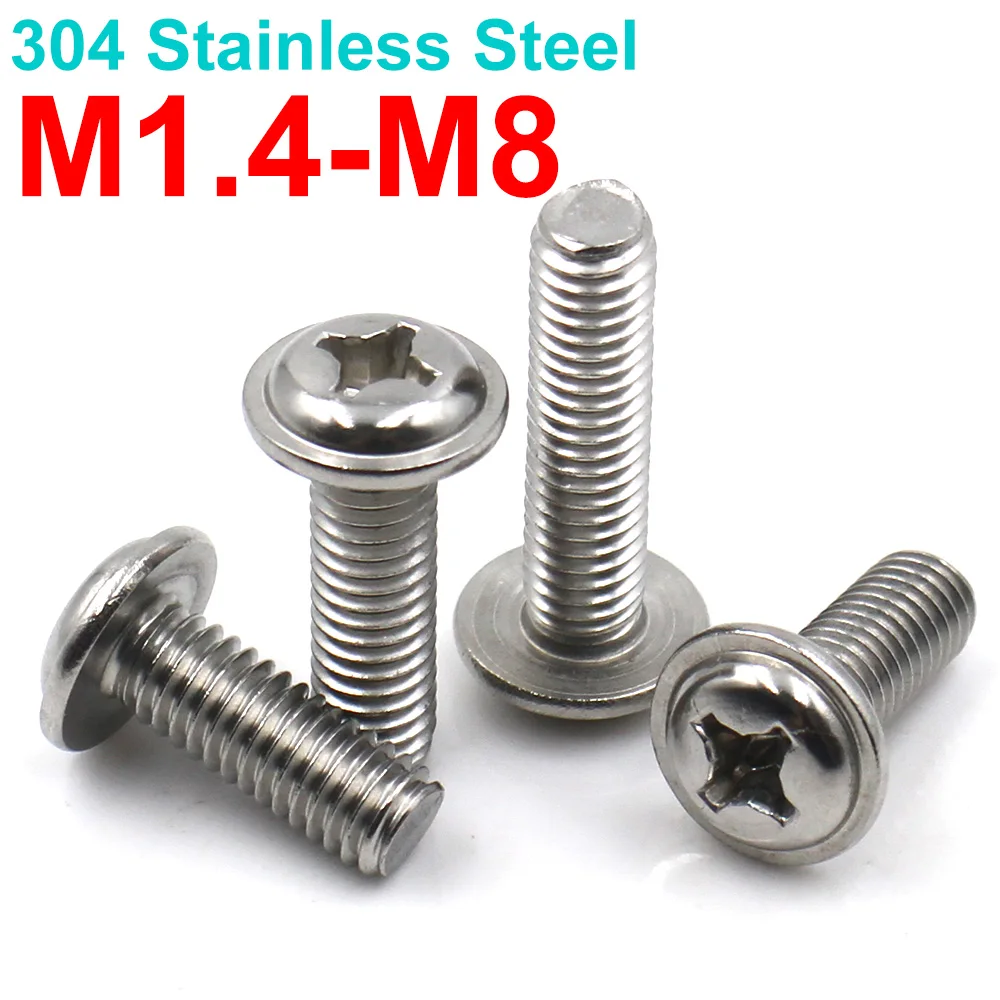 304 Stainless Steel M1.4-M8 Phillips Pan Cross Head Screw with Washer Laptop Computer Screws