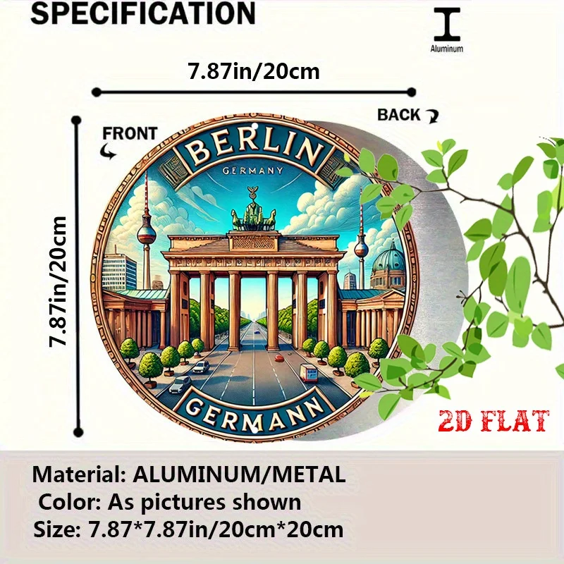 2D Flat, 2D Flat 1pc Berlin Icon Round Aluminum Sign, Modern City Metal Tin Sign - Historical Landmarks Rustic Metal Wall Art, G