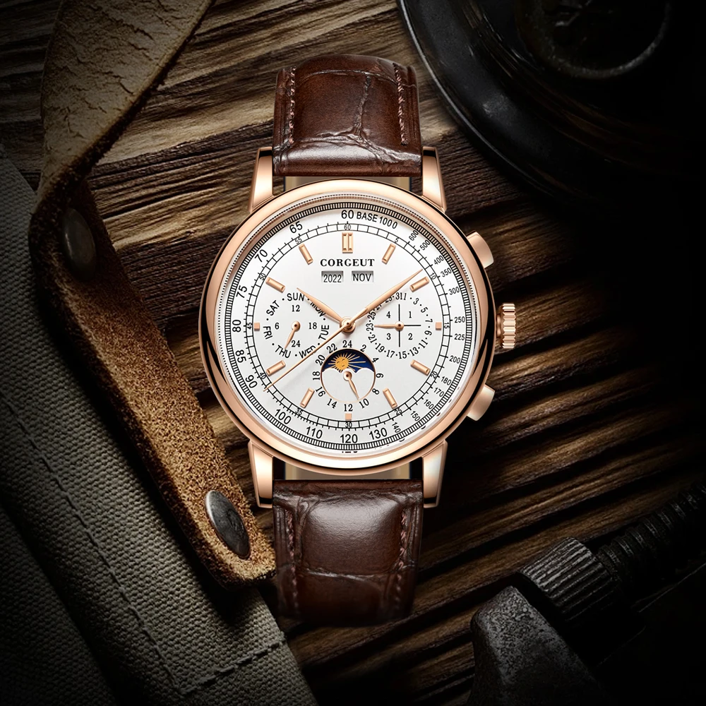 Corgeut 42mm Automatic Men's Watch Date Day Month Year Rose Gold Dial Multifunction 316L Leather Strap Polished Case Day Night