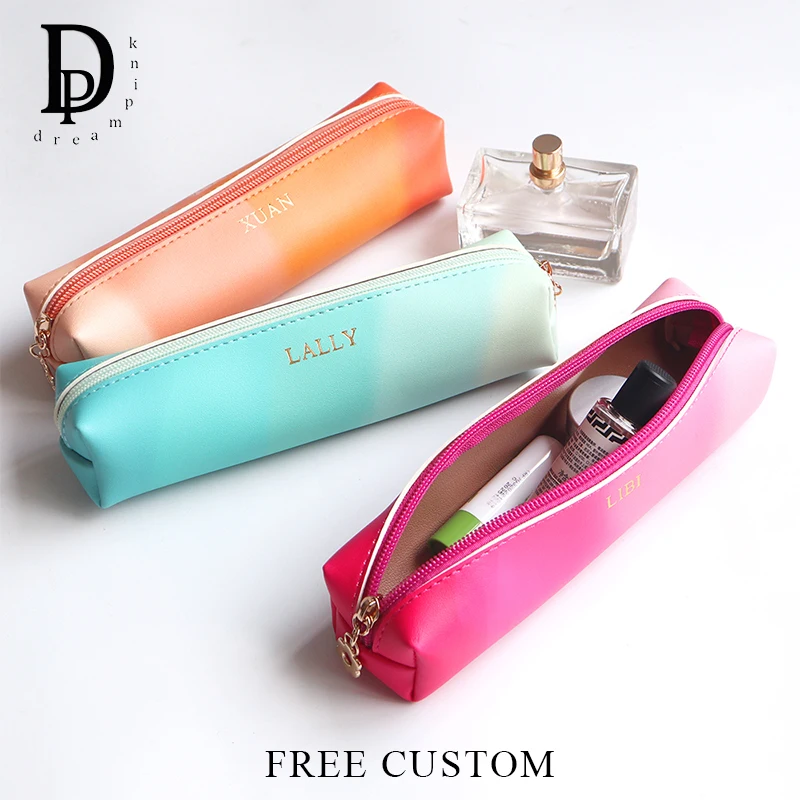 

Student Lovely Colorful Pen Pouch Custom Letters Luxury Business Office Pen Bag Travel Wholesale PU Leather Woman Cosmetic Bag
