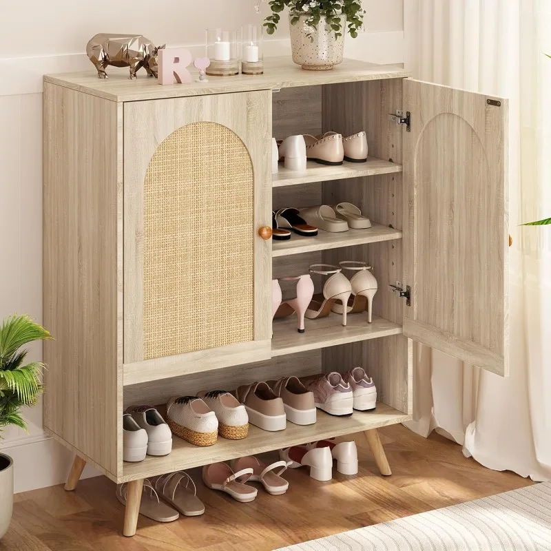 1PC Rattan Shoe Cabinet with Doors, 4-Tier Shoe Storage Cabinet for Entryway, Shoe Rack Organizer Cabinet with Woven Rattan