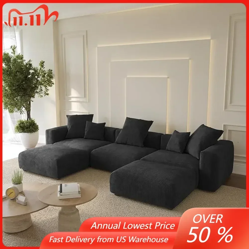 Black 5 Seater U Shaped Sectional Sofa Couch with 2 Ottomans,4 Pillows,Cushion Covers Removable& Replaceable,Living Room Sofas