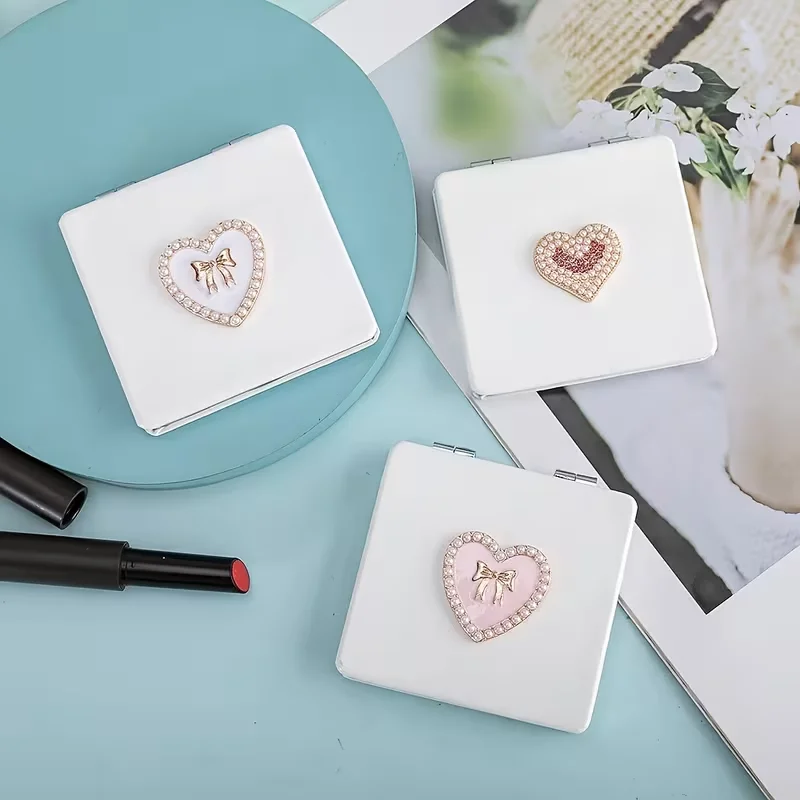 High-end leather pearl heart bow double-sided compact mirror 1:1/1:2 magnifying foldable portable makeup mirror girly gift