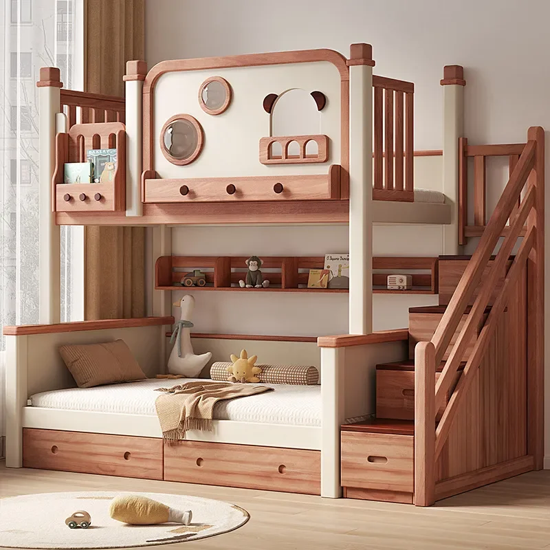for Full Solid Wood Bunk Bed Multi-functional Children's  Mother and Child  High Low Small Apartment Red Sandalwood