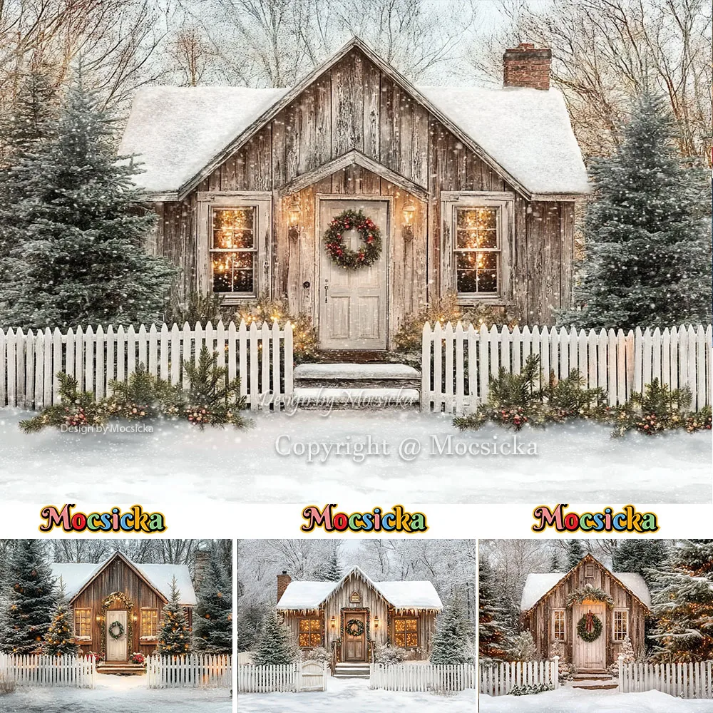 Mocsicka Snowy Christmas Cabin Background Photography Winter Forest White Fence Backdrop Xmas Outdoor Snow Scene Kids Photozone