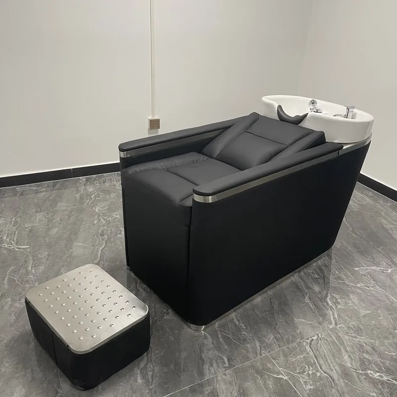 Ceramic basin shampoo bed, high-grade stainless steel for barber shop, hair salon flush bed, semi-reclining